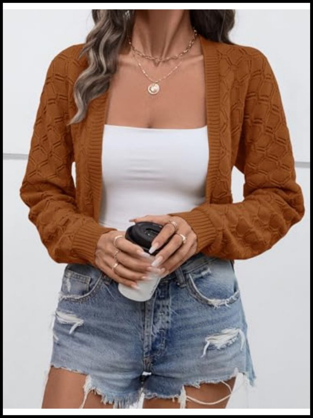 LOMON Women's Cropped Open Front Cardigan Bolero Shrug Long Sleeve Knit Sweater - Picture 4 of 6